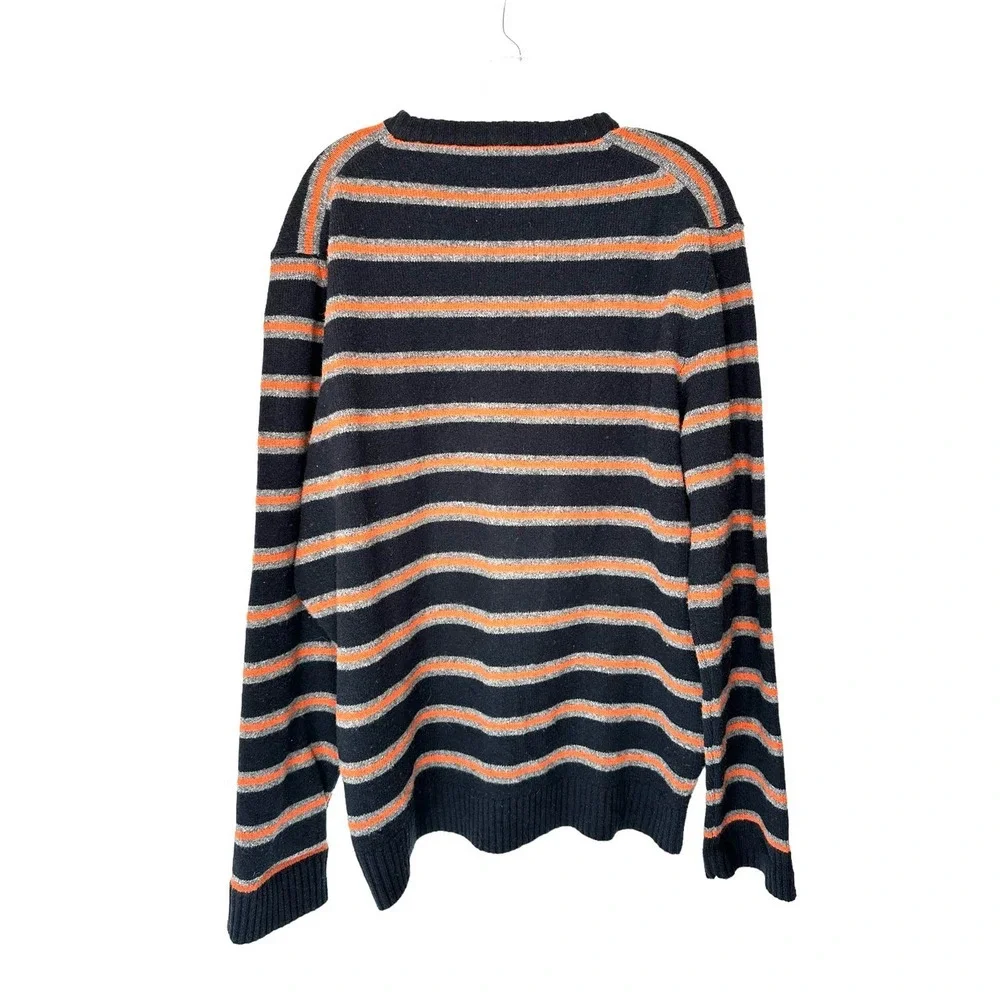 J.Crew‎ Men's Black Gray Orange Striped Wool Crewneck Casual Sweater Size Large